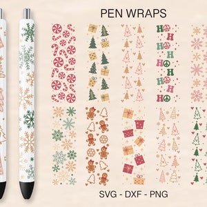 May include: A set of 10 printable pen wrap designs featuring various Christmas themes, including snowflakes, candy canes, Christmas trees, and gingerbread men. The designs are in a vintage style with a color palette of red, green, brown, and white.