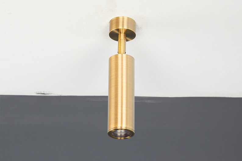 May include: A gold-toned cylindrical ceiling light fixture with a round, flat top.