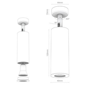 May include: A white cylindrical ceiling light fixture with a 4.7 inch diameter and a 120mm height. The light fixture can be rotated 360 degrees and tilted 90 degrees.
