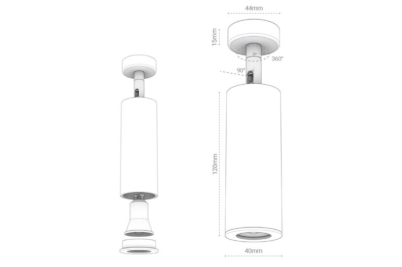 May include: A white cylindrical ceiling light fixture with a 4.7 inch diameter and a 120mm height. The light fixture can be rotated 360 degrees and tilted 90 degrees.