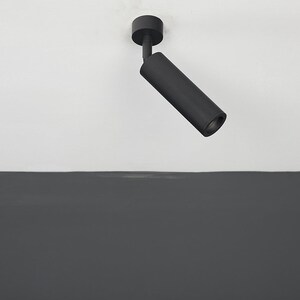 May include: A black ceiling light fixture with a cylindrical shade angled downwards. The light is mounted on a white ceiling.