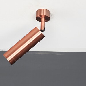 May include: A copper-colored ceiling light fixture with a cylindrical shade that is angled downwards. The light fixture is mounted on a white ceiling.