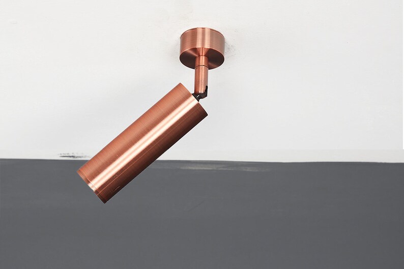 May include: A copper-colored ceiling light fixture with a cylindrical shade that is angled downwards. The light fixture is mounted on a white ceiling.
