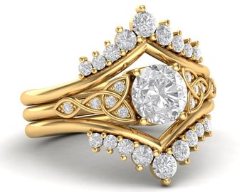 white diamond 925 sterling silver Moissanite engagement ring set antique wedding ring set women propose ring set 14k gold bridal ring set