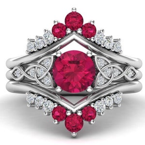 Lab created ruby Wedding Ring Set Stacking engagement ring set antique bridal ring set multi color ruby ring set for her love matching ring