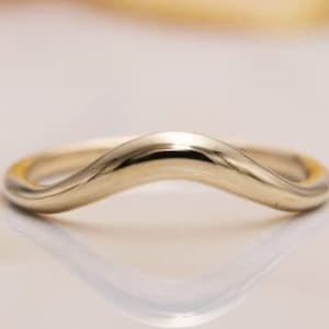 Curved Wedding band vintage solid 14k yellow gold antique wedding band women simple plain band Unique matching ring Bridal promise gift