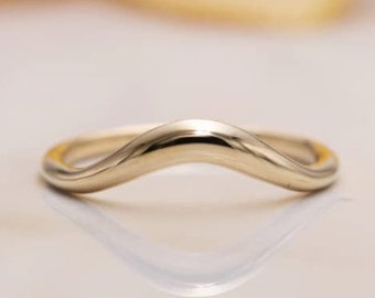 Curved Wedding band vintage solid 14k yellow gold antique wedding band women simple plain band Unique matching ring Bridal promise gift