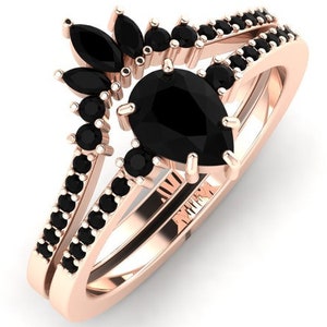 antique black onyx pear shape 925 sterling silver anniversary ring set unique onyx engagement ring set black onyx bridal curved ring set