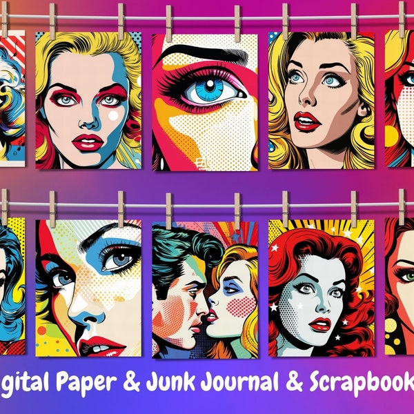 80’s Colorful Halftone Girl Retro Comic Book, Pattern Seamless Digital Papers, scrapbook paper, Pop Art Retro Vintage Digital Printable