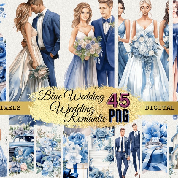 Blue Wedding Watercolor Clipart Bundle , Wedding Romantic Clipart, Wedding, Blue and Gold Wedding , Junk Journal Scrapbooking Card Making
