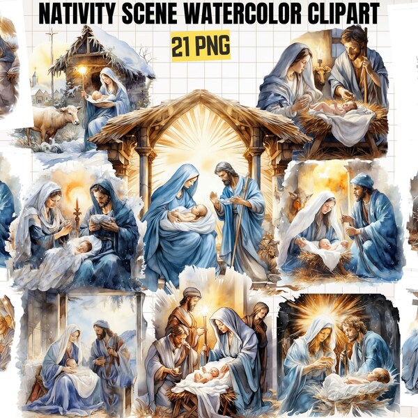 Christmas Nativity Scene Watercolor Clipart, high quality png, religious clip art baby Jesus, catholic Prints, Sublimation, instant download