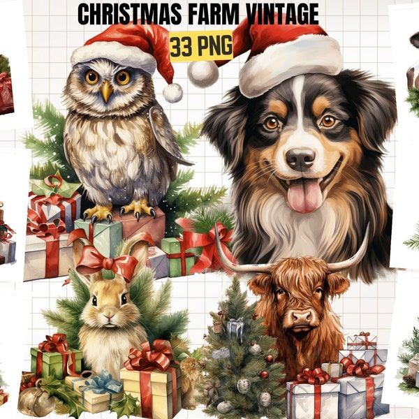 Farm Christmas Vintage Watercolor Clipart, Little Animals, Horse, Pig, Sheep, Rabbit, Country, Goat, Santa, Baby, Holiday, Farm Watercolor