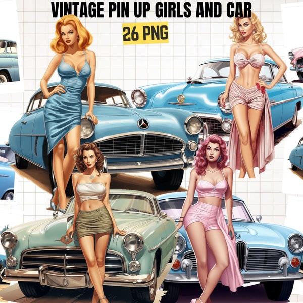 Retro Pin Up Girls Retro Car Watercolor, Retro Strongwoman, Garage Clipart Pin Up, Mechanic Girls, Junk Journal Scrapbooking Card Making