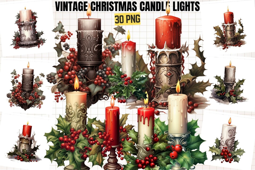 Vintage Christmas Candle Lights Watercolor Clipart, Vintage Christmas