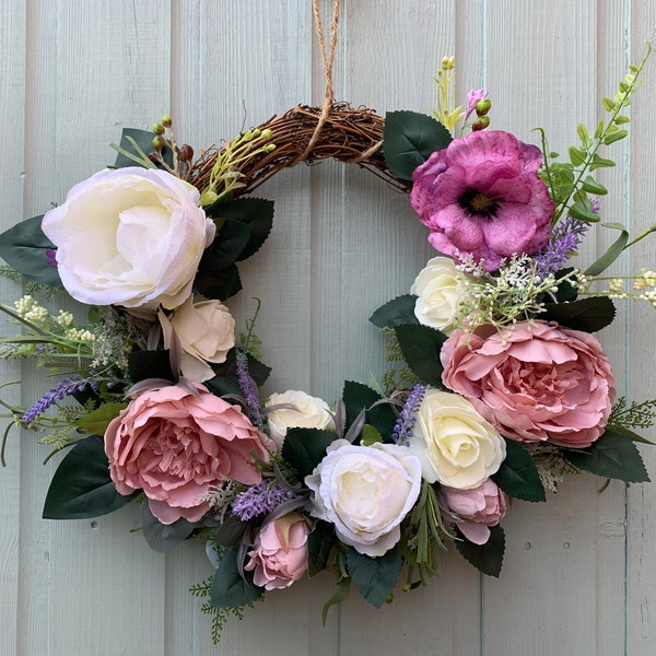 Spring and Summer Door Wreath. Artificial Wreath for front door. Floral wreath with poppies, peonies and roses. Rustic, farmhouse wreath.