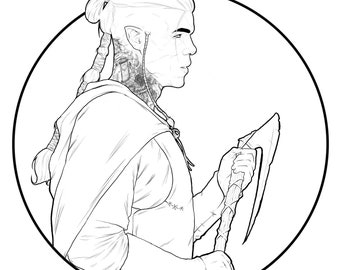 May include: Line drawing of a person with a long braid, wearing a hooded cloak and holding a curved blade. The drawing is in black and white and is set against a white background. The word "name" is written below the drawing.