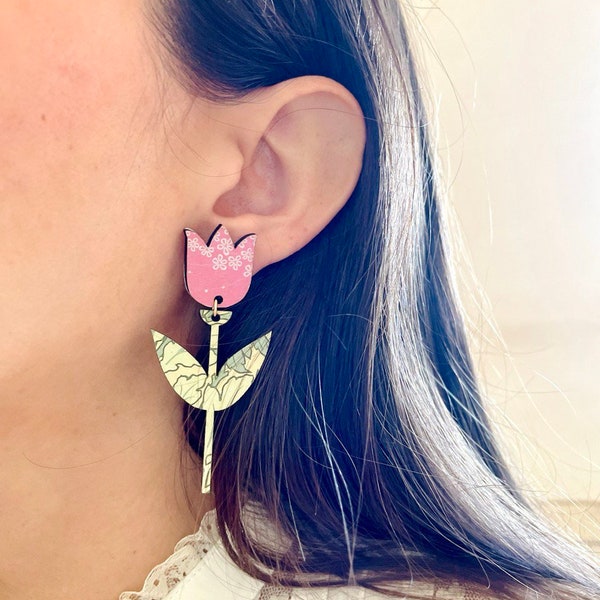 Handmade Pink Tulip Earrings, Spring Flower Dangle Earrings, Wood and Paper Lightweight Jewelry, Ideal Gift for any Occasion