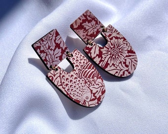 Artisan Wood & Paper Earrings, Elegant Red Flower Pattern Earrings, Unique Handcrafted Jewelry, Ideal Gift for Her