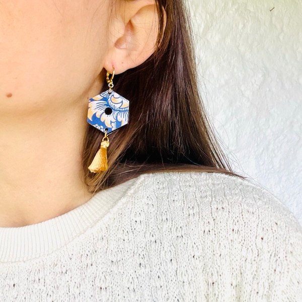 Chic Blue Floral Wood Earrings, Handmade Dangle Earrings with Golden Tassels, Stylish Daily Wear, Perfect Gift for Women