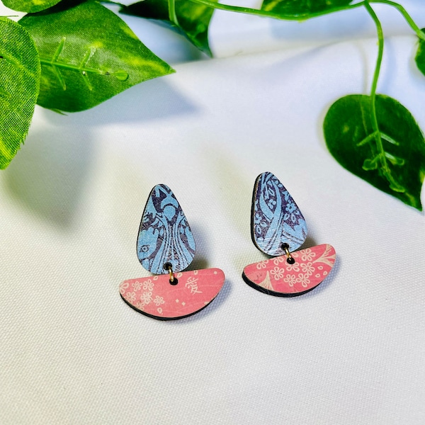 Pink and Blue Stud Earrings, Perfect Earrings for Her, Eco-Friendly Wood and Paper, Sustainable Jewelry for Everyday Wear