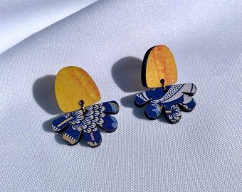 Handmade Sustainable Earrings, Yellow and Blue Wood earrings, Artisan Crafted Eco-Friendly Accessory, Thoughtful Eco Gift