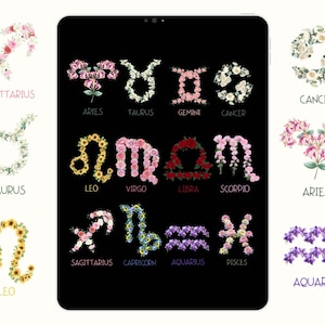 Pegatinas de flores de nacimiento del zodíaco, paquete de pegatinas de astrología, pegatinas lindas del horóscopo, descargas digitales, imprimibles PNG y PDF