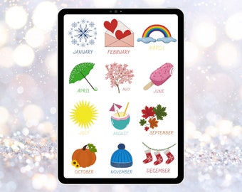 Op de afbeelding: Een digitale illustratie van een kalender met een ander pictogram voor elke maand van het jaar. Januari wordt weergegeven door een sneeuwvlok, februari door een rode envelop met harten, maart door een regenboog, april door een groene paraplu, mei door een roze kersenbloesemboom, juni door een roze ijslolly, juli door een gele zon, augustus door een kokosnoot met een rietje en een parasol, september door rode en oranje bladeren, oktober door een pompoen, november door een blauwe gebreide muts en december door drie rode kousen die aan een touwtje hangen.