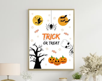 May include: A white printable sign with a black silhouette of a witch flying on a broomstick, a spider, a skull, and a tree. The sign also has orange and black candy, stars, and the text "Trick or Treat".