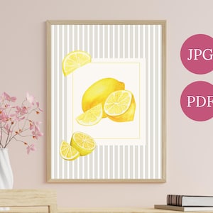 Zitrone Art Print, moderne Küche Wandkunst, beige Streifen Zitronen Poster, mediterrane Früchte, Sommer druckbare, digitaler Download