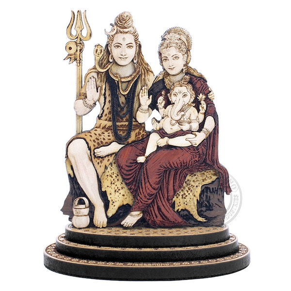 Shiv Parivar Wood Marquetry Statue. Shiva Family Statue, Lord Shiva, Goddess Parvati, Lord Ganesha,Shiv Family