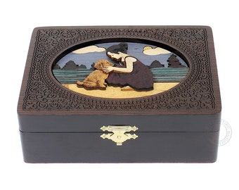 Keepsake wooden Box-  Girl & Pet Dog ,Jewelry Box, Memory Box, Watch Box, Personalized Engraved Gift Box, Handmade Marquetry Decorative Box