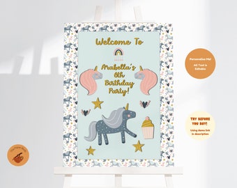 Editable Unicorn Birthday Party Welcome Sign, A3 Party Printable, Kids Banner Digital Download