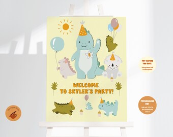 Editable Dinosaur Birthday Welcome Sign, A3 Party Printable, Kids Banner Digital Download, Pastel Yellow