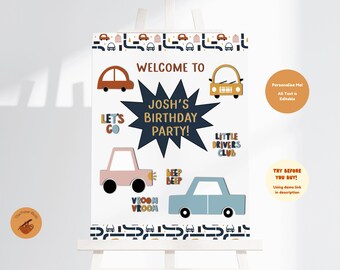 Editable Cars Birthday Welcome Sign, A3 Kids Party Printable, Instant Digital Download