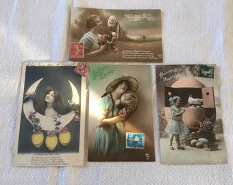Original antique french hand tinted real photo postcards 1900-1920’s various scenes set of 4 just absolutely superb Easter scenes