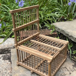 Pode incluir: Uma pequena gaiola de pássaros de madeira vintage, com uma base retangular e uma tampa articulada. A gaiola apresenta barras verticais de madeira e está colocada sobre uma superfície de pedra, com flores azuis e vegetação ao fundo.