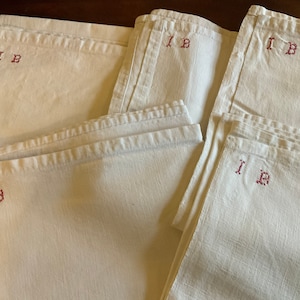 Five vintage french hand stitched hand embroidered monogrammed linen tea towels