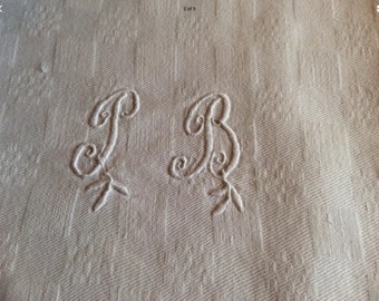 Servilleta monograma bordada a mano de algodón de damasco único francés vintage