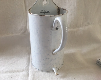 Vintage french enamel wall hanging irrigator, kitchen storage, garden, planter shabby chic superb