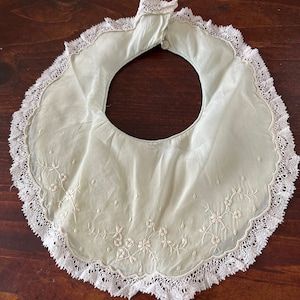 Antique french baby’s bib with hand embroidery and  handmade lace just exquisite brilliant workmanship