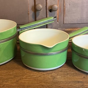 Three Vintage French Aluminite Green ceramic pans,art deco period.