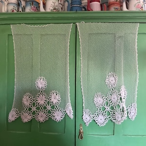 A pair of Vintage french handmade cotton crocheted small window panels, just stunning.