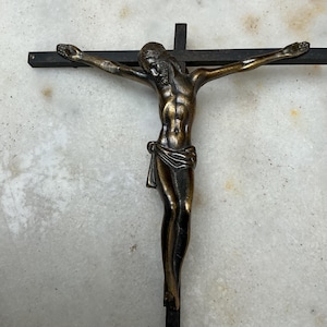 Vintage french small hanging brass and metal wall hanging crucifix Corpus Christi.