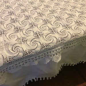 Vintage french large hand worked crochet cotton bedspread with linen and pompom trim