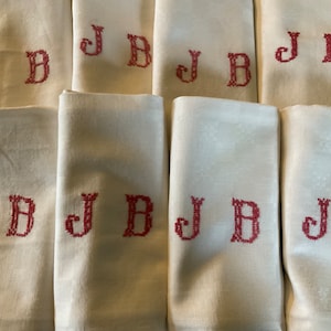 Eight vintage French damask hand stitched hand embroidered Monogrammed napkins beautiful