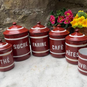 Set of six antique french enamel kitchen storage jars / canisters absolutely superb