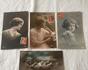 Original antique french hand tinted real photo postcards 1900-1920’s various scenes set of 4 just absolutely superb
