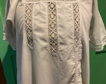 Wonderful antique french pure cotton nightdress with handmade lace & monogram