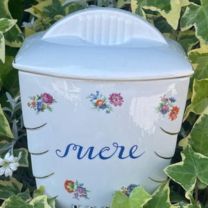 Antique French ceramic storage jar for sucre / sugar with gold gilt and painted flower design absolutely fabulous