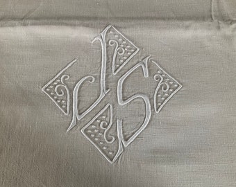 Antique french large linen monogrammed decorative dowry sheet